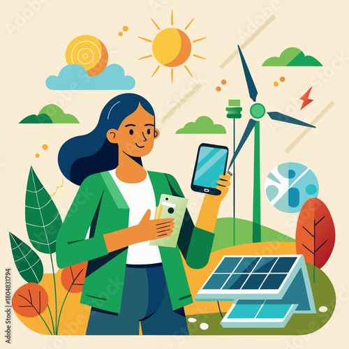 Person with phone near solar and wind energy sources