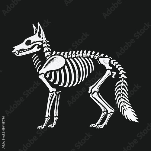 White fox skeleton illustration in profile on a black background.