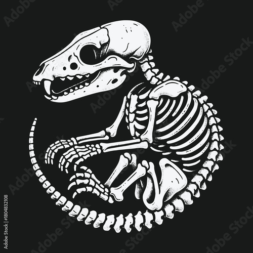 Stylized graphic illustration of a curled rat skeleton on a black background.