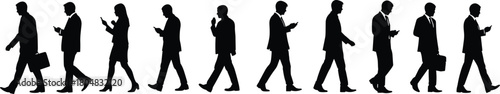 Set of walking business people silhouettes, men and woman with briefcases and smartphones in line isolated on white background