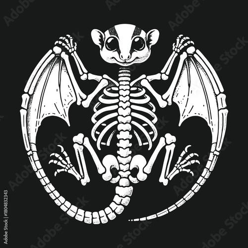 Cute sugar glider skeleton with bat wings in a circular design.