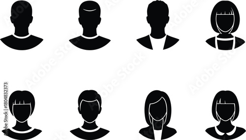 Collection of black head silhouettes, male and female user avatar icons set for profile isolated on white background