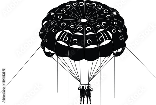 Black silhouette of two people parasailing with large round parachute, extreme water sport activity isolated on white background
