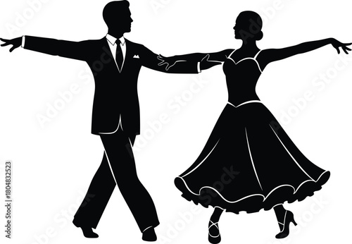 Silhouette of elegant couple dancing ballroom waltz, man in suit and woman in gown isolated on white background
