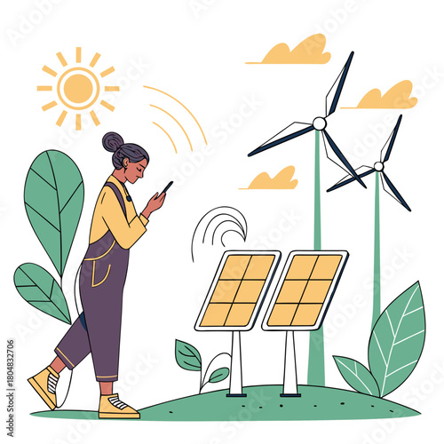 Woman in overalls checking smartphone near solar panels and wind turbines