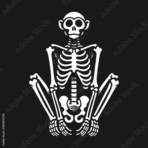 White monkey skeleton illustration on a solid black background.