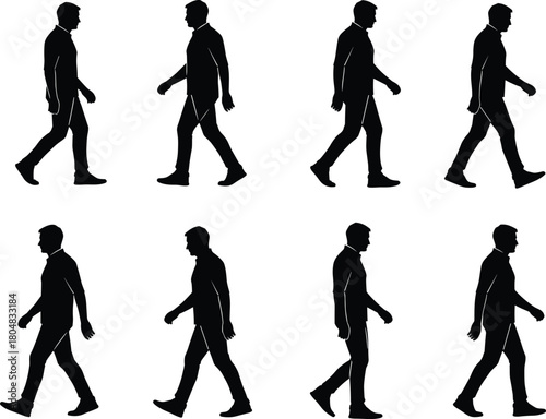 Set of walking man silhouettes in profile view, sequence of male steps isolated on white background for animation
