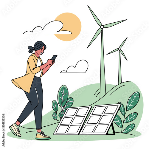 Woman Using Smartphone Near Solar Panels and Wind Turbines