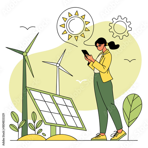 Woman using smartphone near solar panels and wind turbines