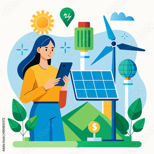 Woman using smartphone with renewable energy sources
