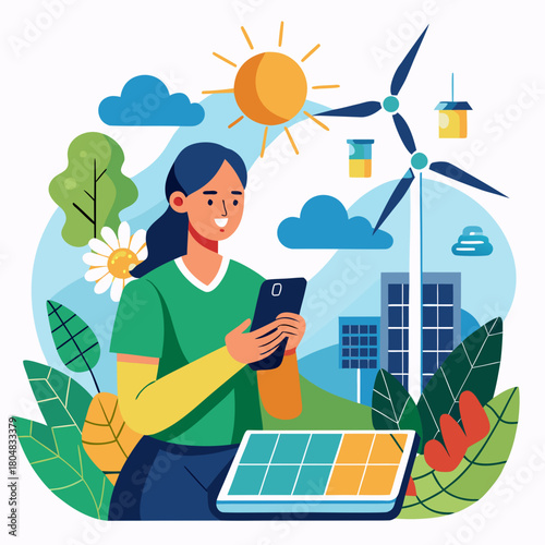 Woman using smartphone with renewable energy sources in background