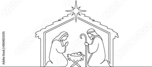 Nativity scene illustration with Mary, Joseph, and baby Jesus in a stable under a star.