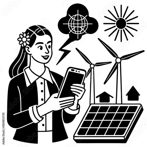 Woman With Flower In Hair Using Phone Near Renewable Energy Icons Keywords: renewable energy