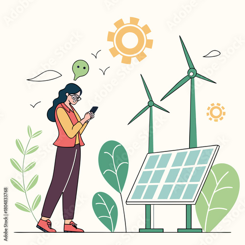 Woman with glasses and smartphone near renewable energy installations
