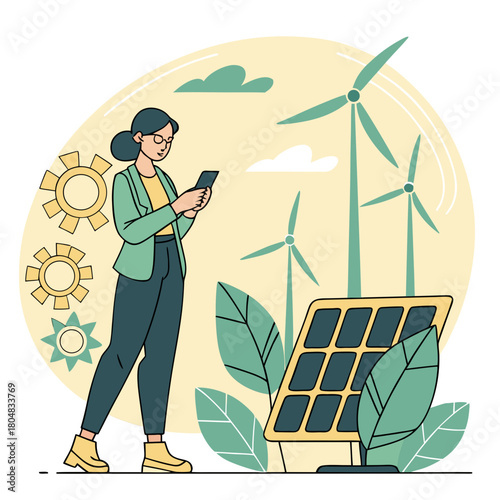 Woman with glasses using phone near wind turbines and solar panel