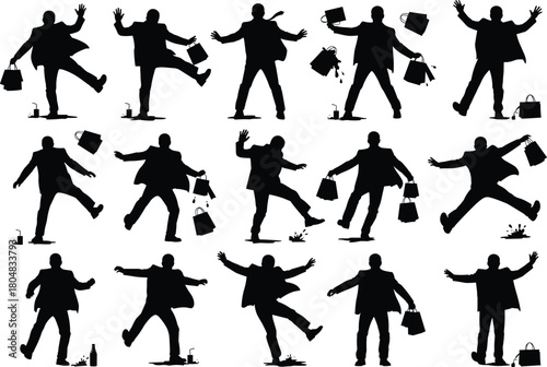 Businessman silhouette, briefcase motion pose, dynamic walking figure, black icon design, professional action sequence, isolated corporate character illustration