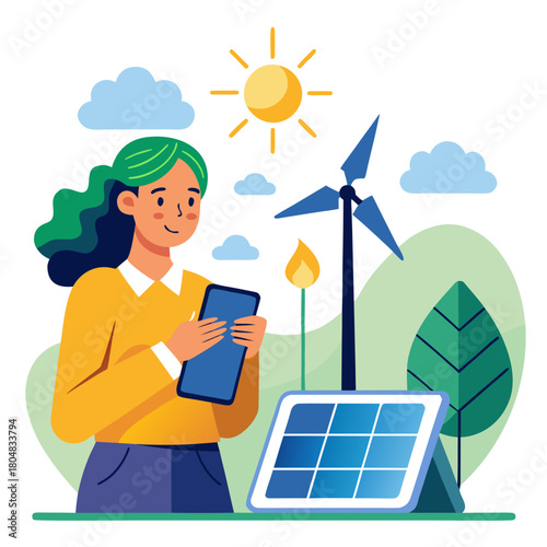 Woman with green hair using smartphone near solar panel and wind turbine