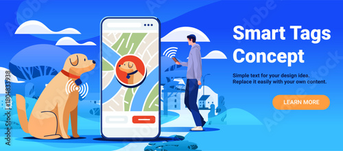 Smart tags pet tracking technology dog location mobile app user outdoors digital map blue background website banner