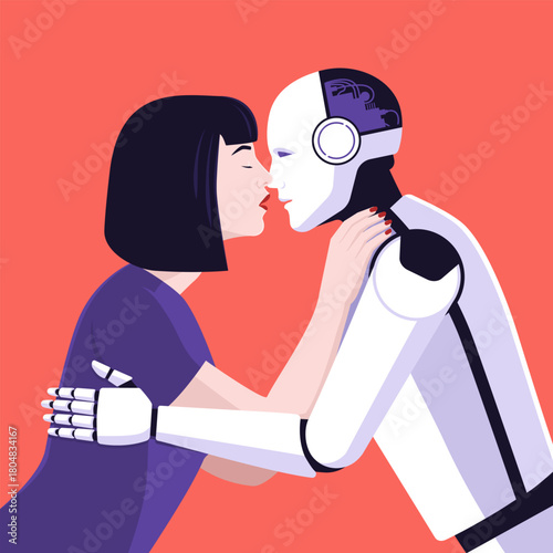 Woman kissing her AI robot companion