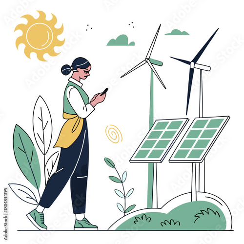 Woman with phone near solar panels and wind turbines in nature