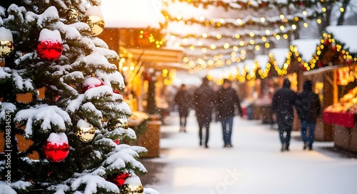 Fototapeta Naklejka Na Ścianę i Meble -  Snow covered christmas tree and festive market stalls with glowing lights