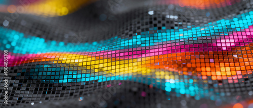 Colorful abstract mosaic waves with vibrant teal, orange, yellow, and magenta tiles forming dynamic flowing digital patterns