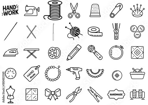 Sewing and crafting icons set on transparent background for creative projects