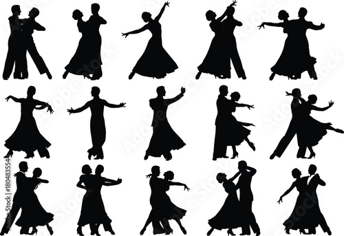 Ballroom dance silhouettes set, couples dancing waltz and tango, elegant man and woman vector illustration isolated on white.