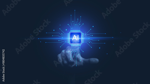 Hand reaching toward a glowing blue AI chip with circuit lines extending outward, symbolizing artificial intelligence activation, advanced technology, digital systems, and futuristic innovation.