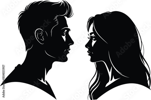 Detailed silhouette profile of young man and woman facing each other, beautiful couple looking into eyes vector illustration isolated on white.