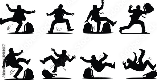 Person tripping over backpack silhouette, falling motion sequence, accident pose illustration, black figure icon, safety awareness graphic, isolated stumble design