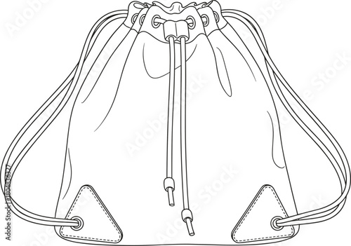 Drawstring bag technical fashion illustration, vector flat sketch of gym sack backpack with rope straps and grommet details.