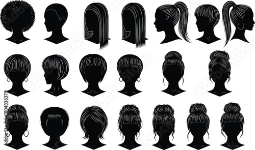 Big set of women hairstyles silhouette, fashion female hair collection with long short and bun cuts vector illustration.