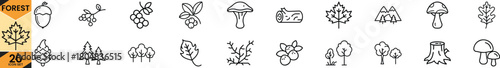 Forest nature elements line icon set for environment, wildlife, trees, and outdoor related design projects Vector
