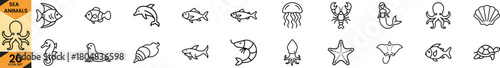 Ocean creatures icon set with fish, octopus, dolphin, seahorse, and other diverse marine life in line art style. Vector