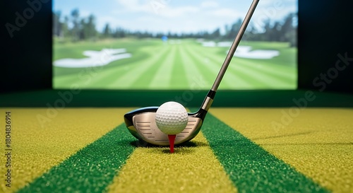 Golf club and ball ready to swing on indoor simulator screen