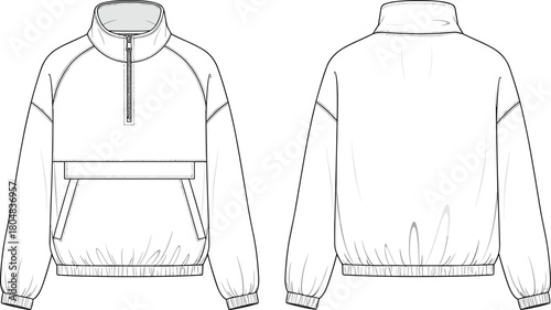 Oversized half zip sweatshirt technical fashion illustration, vector flat sketch with stand collar and pouch pocket front and back view.