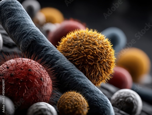Colorful microscopic organisms in focus show diverse textures, from spiky to smooth surfaces. A large rod-like structure in dark gray contrasts with vibrant spherical elements