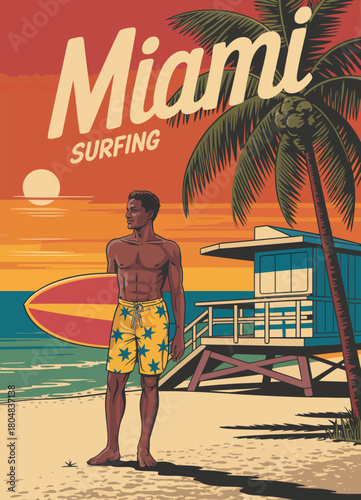 Miami beach  poster in retro style with surfeposter in retro style with surfer, surfboard, lifeguard house, palm trees, and ocean coast, vector illustration ideal for travel decor and wall art.

