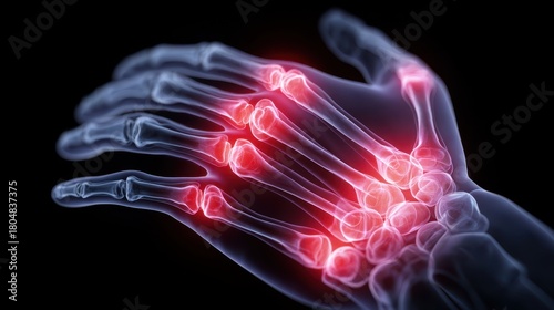 Transparent hand x-ray highlighting bones with glowing red joints, suggesting inflammation or medical condition. The red color focuses on the areas of concern in the skeletal structure