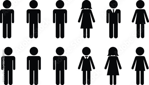 Set of twelve black people icons representing men and women figures, simple vector stick gender symbols isolated on white background.