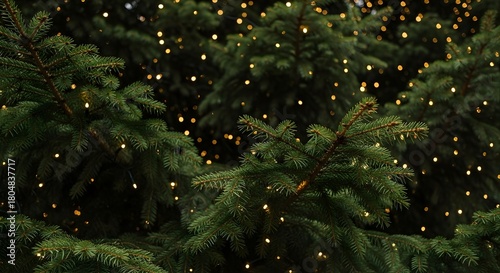 Close up of a christmas tree with string lights creating a festive and warm atmosphere