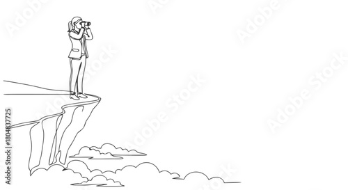 Woman on Cliff Edge Looking with Binoculars A Continuous Line Art Adventure