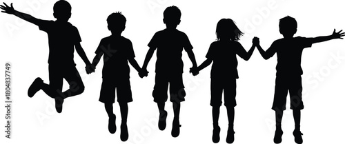 Silhouette of happy children holding hands and jumping forward, group of five diverse kids playing together isolated on white.