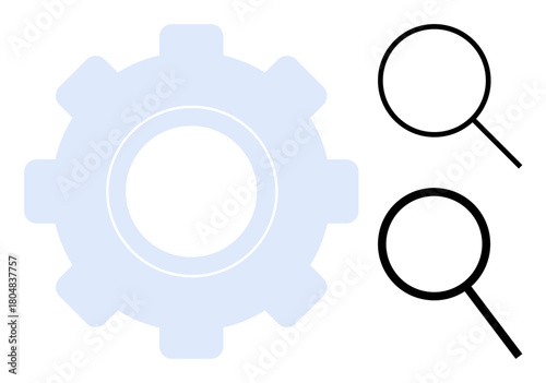 Large gear shape next to two magnifying glasses, emphasizing research, problem-solving, exploration, analysis, optimization, innovation, and solutions. Ideal for teamwork business growth simple