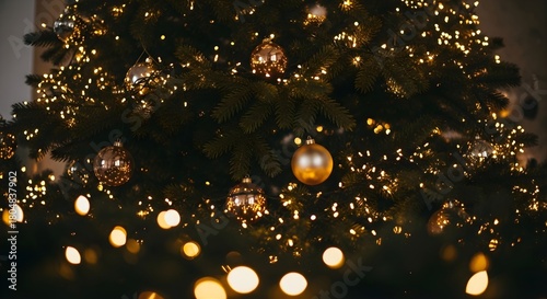 A christmas tree decorated with golden ornaments and warm glowing string lights at night