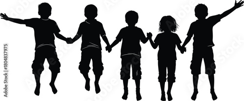 Group of happy children silhouette holding hands and jumping together, vector illustration of kids friends playing isolated on white.