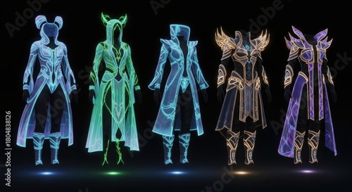 Collection of Five Futuristic Fantasy Armor Outfits Glowing with Neon Light.