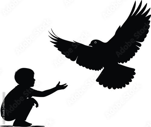 Boy silhouette crouching to feed bird, child reaching for landing dove, kid and pigeon connection, innocence and nature, isolated vector illustration.