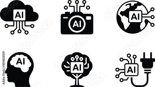 Collection of six modern ai icons representing artificial intelligence in various concepts